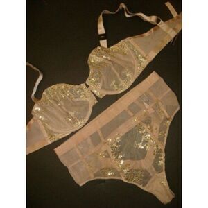 Victoria's Secret unlined 34C,34D BRA SET high-waist thong beige BROWN gold foil